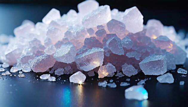 A magnified look at coarse sugar crystals scattered on a dark surface, with the light revealing thei