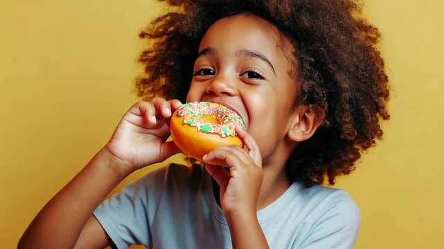 Joyful child eating colorful donut against yellow background