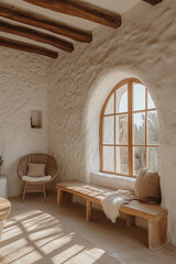 white interior design with ranch style, wood decoration, with armchair and window with natural sunlight