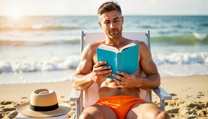 Laid-back man reading book on beach during sunset, serene vacation
