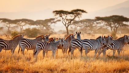 Striking Herd of Wild Zebra in the Savannahs of East Africa at Sunrise, Showcasing Their Black and White Stripes Contrasting against the Golden Grasslands with a Backdrop of the Majestic African