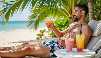 Relaxed man enjoying tropical drinks by beachside cabana, vacation vibe