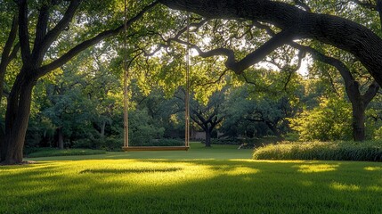 Naklejka premium Tranquil garden swing at sunrise, sunlit lawn, peaceful trees. Use Relaxation, nature