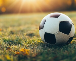 Fototapeta premium A close-up of a soccer ball resting in a grassy field during sunset, symbolizing the joy of outdoor sports and teamwork.