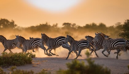 African Sunset Galore Stampede of Zebras against a Backdrop of Vibrant Hues on the Savannah Plains, Capturing the Spirit and Energy of the Wild.