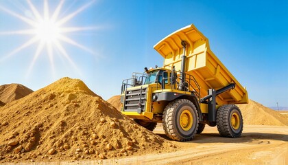 Yellow dump truck unloading dirt at sunny construction site, productivity