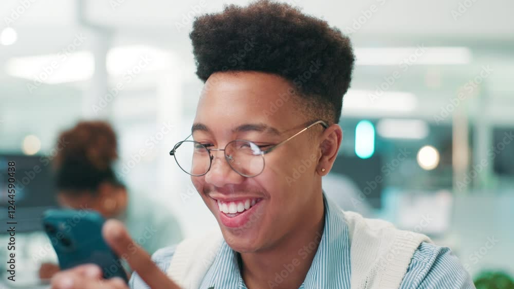 Poster Happy man, software developer and typing with phone for app testing, UI or UX optimization at office. Male person, web designer or programmer with smile on mobile smartphone for online prototype
