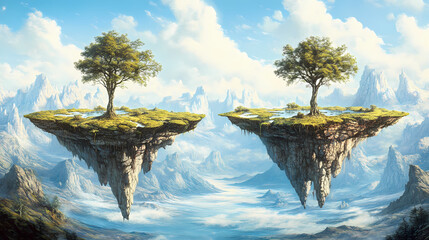 Dreamlike surreal landscapes: floating islands and upside-down mountains in a human-free world. Inverted Reality. Illustration