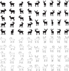 Silhouettes set of Goat and outline icon vector art illustration with white background