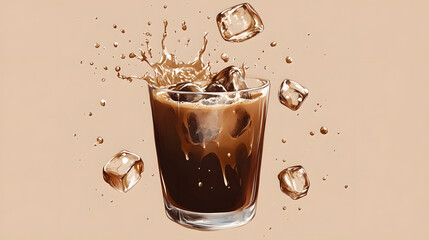 A cup of cold brew coffee with a splash of almond milk and ice cubes.
