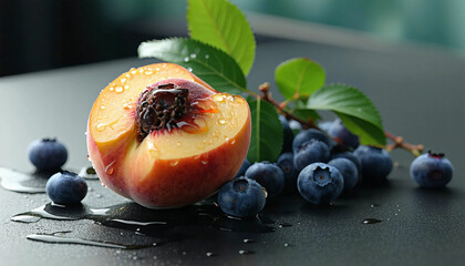 A single, perfectly ripe peach with a glistening water droplet, sliced open to reveal its vivid, jui