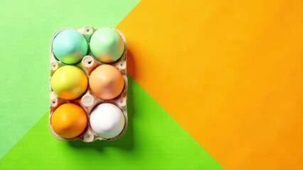 A carton filled with six beautifully colored eggs is placed on a bright green and orange background. The eggs feature pastel shades and a glossy finish, showcasing creativity and festivity.