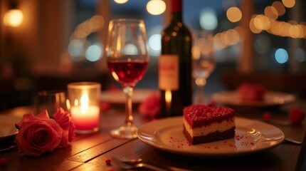 A cozy and intimate Valentine's Day dinner setting with candlelight, red wine, roses, and a beautifully served dessert. A warm and romantic atmosphere perfect for a special date night