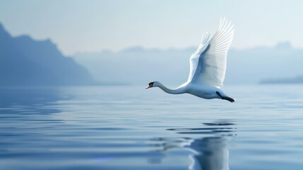 Fototapeta premium A stunning white swan prepares for flight, its wings wide and graceful over the tranquil lake surface.