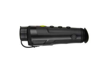 Thermal imaging monocular with lens cap, black body, multiple control buttons, and ergonomic design, ideal for night vision and outdoor activities. Isolate on white back