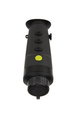 Thermal imaging monocular with lens cap, black body, multiple control buttons, and ergonomic design, ideal for night vision and outdoor activities. Isolate on white back