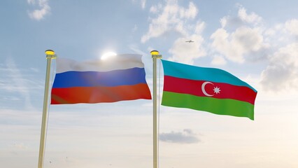 Azerbaijan and Russian flags waving together on blue sky. ULTRA HD. Russian and Azerbaijan flag.