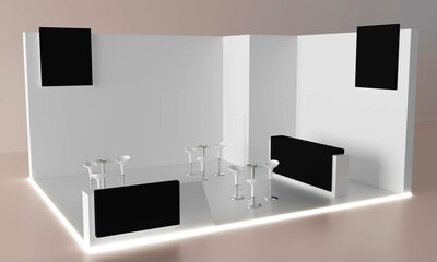 Blank white trade exhibition booth system stand. Trade show booth white and blank. Blank indoor exhibition with work paths