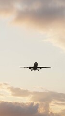 ULTRA HD. Airplane flies in sunset sky. Travel. Airplane takes off against the background of sunset sky.	