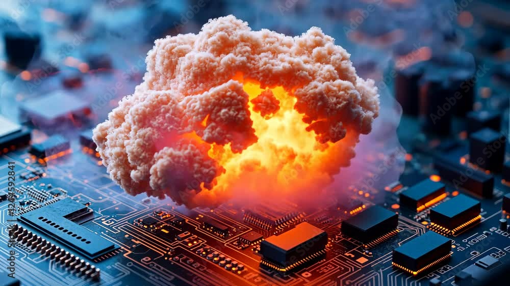 Poster conceptual artwork depicting an explosion emerging from a computer circuit board in a futuristic dig