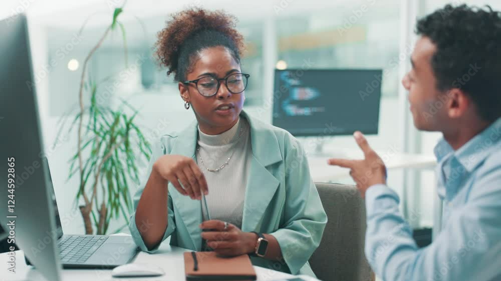 Leinwandbilder Business people, software developer and discussion with computer for AI, UX or UI development at office. Businessman, woman or programmers with technology for app design, web update or project review