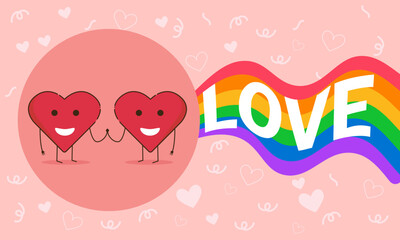 Two hearts holding hands celebrating love and pride with rainbow flag