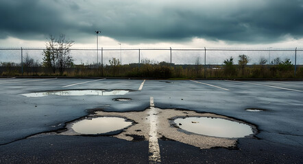 Empty cracked asphalt parking lot with puddles and chain-link fence on cloudy day