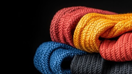 Colorful Woven Textiles in Red, Yellow, Blue, and Black on a Dark Background