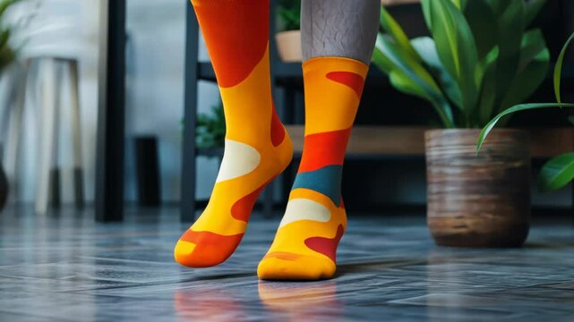 Colorful socks dancing on wooden floor with houseplants in background