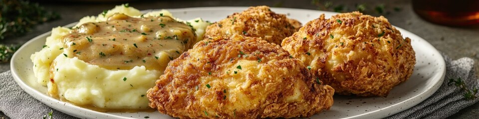 Crispy Chicken Croquettes with Creamy Mashed Potatoes and Gravy on White Plate - Delicious Comfort Food Image for Lunch or Dinner Recipe Inspiration