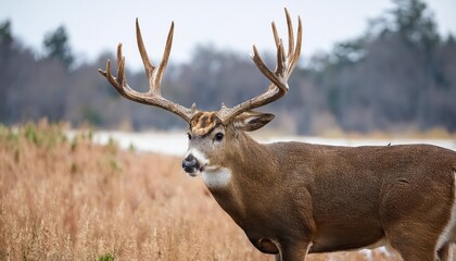 Naklejka premium Impressive Whitetail Buck Antler Rack Showcasing Majestic Majesty and Powerful Energy in a Stunning Display of Natures Splendor, Captured at Dusk.