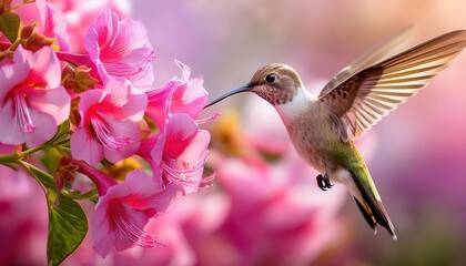 Obraz premium Realistic Capture Vibrant Hummingbird in Flight, Savoring Nectar from Delicate Pink Blossoms Against a Verdant Backdrop