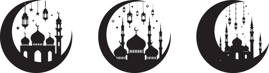 Silhouette set of Ramadan Kareem Mosque moon lantern vector art illustration with white background