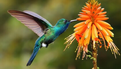 Fototapeta premium Vibrant Hummingbird Longtailed Sylph, Aglaiocercus kingi, Fluttering Amongst Sunlit Wildflowers in a Tropical Forest