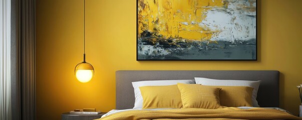 vA sleek bedroom design with an abstract painting in mustard yellow and graphite on the wall