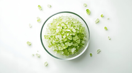 Obraz premium A delicate arrangement of green sea salt in a small glass dish on a white background, the salt crystals shining subtly in the light.