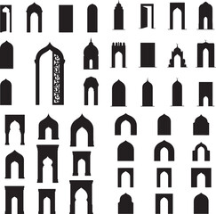 Silhouette set of Islamic Arch Door design vector art illustration with white background