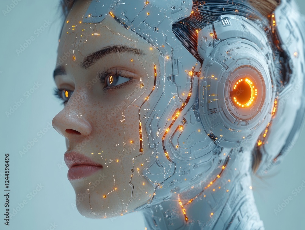 Poster a futuristic humanoid with a robotic design and glowing circuitry.