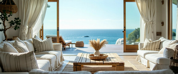 A bright, airy living space with linen-covered sofas, a natural wood coffee table, and a view of the