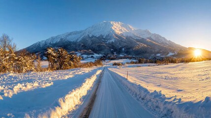 Snowy road to mountain peak at sunrise. Winter landscape ideal for travel brochures