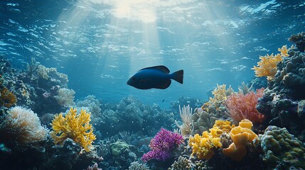 Fototapeta premium Underwater coral reef scene, fish swimming, sun rays, ocean background, marine life