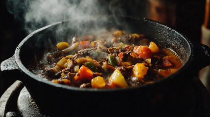 Hearty slow-cooked beef stew with tender vegetables, served in a rustic cast iron pot with warm, comforting ambiance