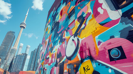 Colorful and expressive graffiti mural featuring music-inspired designs, adding a sense of rhythm and movement to the urban landscape. Music-Inspired Art. Illustration