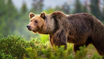 Vibrant Brown Bear Amidst Autumn Vegetation in a serene Outdoor Wildlife Scene, Capturing the Majesty of Nature at Dusk.