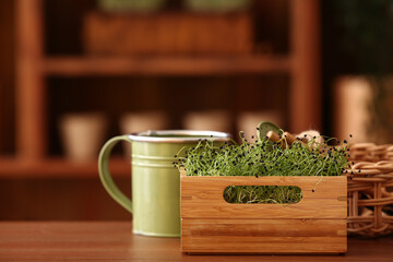 Wooden box with fresh micro green on table