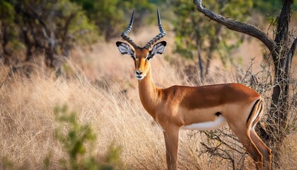 Naklejka premium Majestic Impala Portrait Against African Savannah Backdrop at Kruger National Park, South Africa, Showcasing Vibrant Colors and Textures of the Wild
