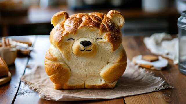 Unique bread loaf resembling an bear resting on a wooden table, Ai Generated