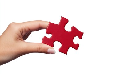 Hand holding red puzzle piece on white background. Concept for solution, strategy, teamwork, or problem