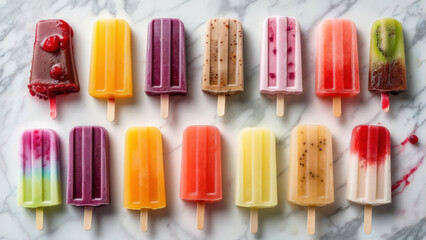 Colorful assortment of popsicles arranged on marble countertop