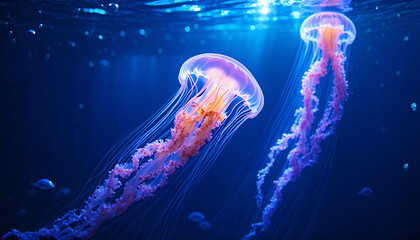 Naklejka premium A mesmerizing underwater scene of glowing jellyfish drifting through deep blue waters. Their translu